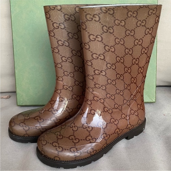 Authentic GUCCI Kids Rain Boot w/Signature Brown & Khaki GG Guccissima Monogram - Picture 3 of 3